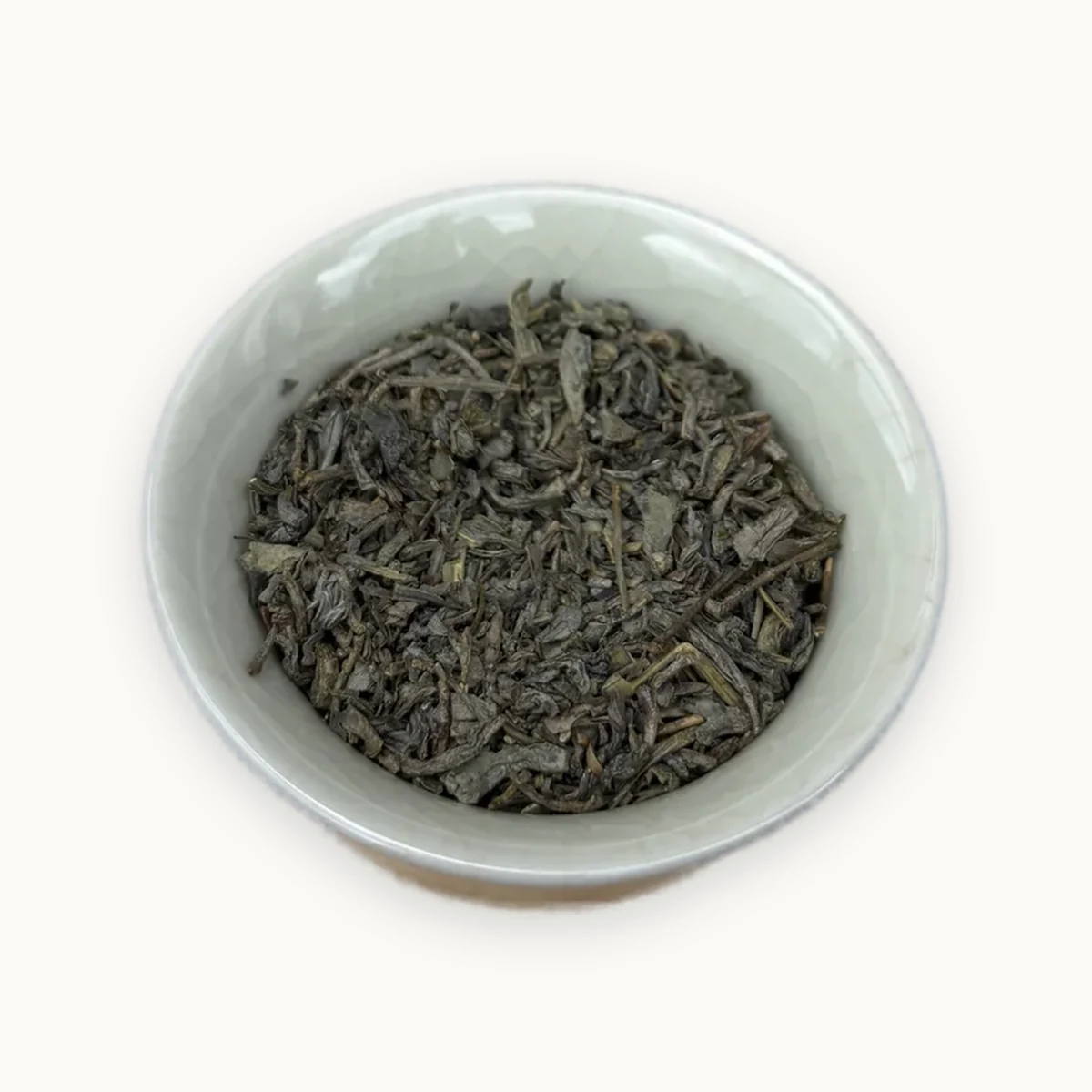 Actual bulk machine harvested whole leaf green tea sample