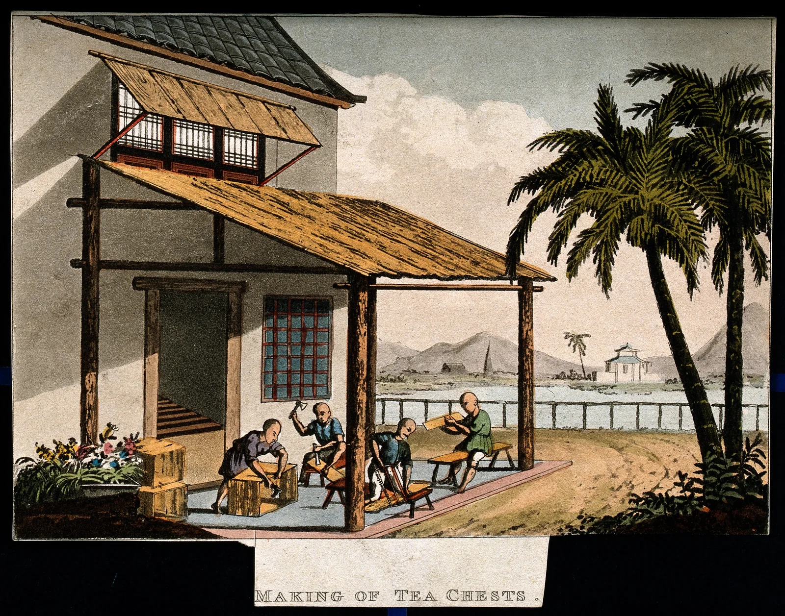 Historical coloured aquatint of workers making tea chests at a tea plantation in China
