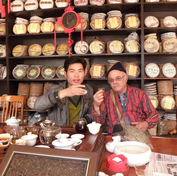 Two people tasting tea in a Kunming tea shop in November 2011