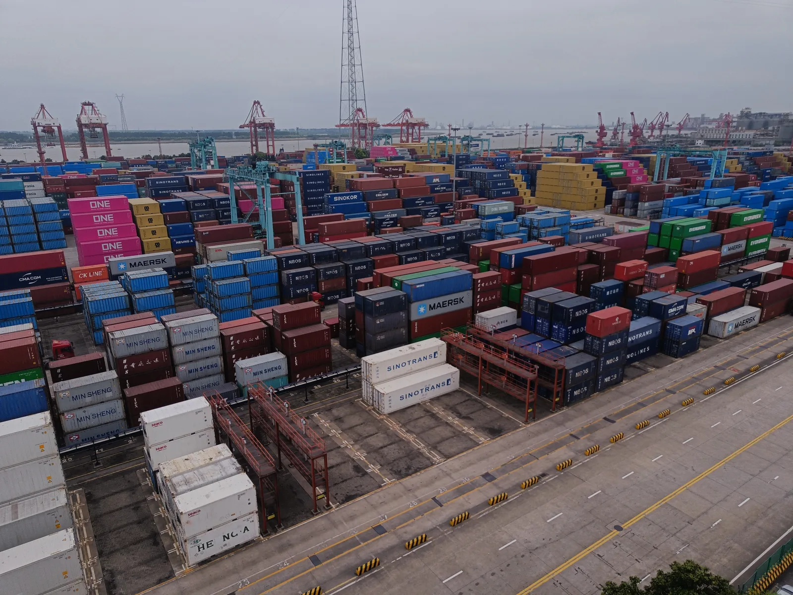 Stacks of shipping containers at Zhangjiagang Container Terminal in Jiangsu, China