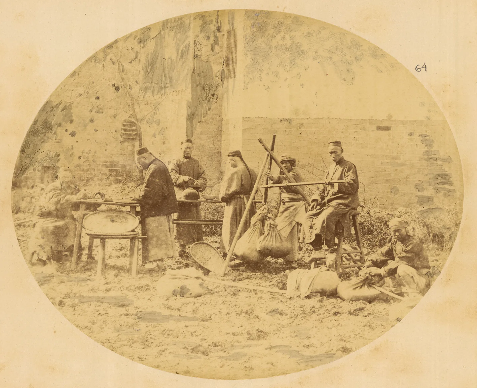 Tea wholesaler testing and tasting tea in Yangloudong, Hubei, China, in 1874
